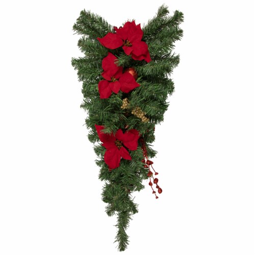 Northlight 30'' Red Poinsettia and Gold Pine Cone Artificial Christmas Teardrop Swag, Unlit Perspective: front
