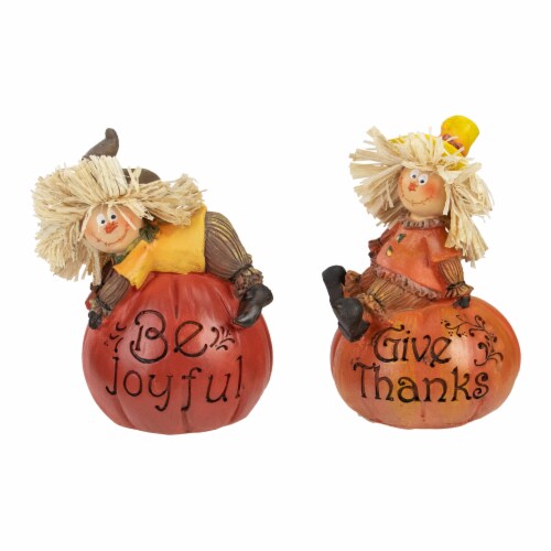 Northlight Set of 2 Scarecrow on a Pumpkin Thanksgiving Table Figures Perspective: front