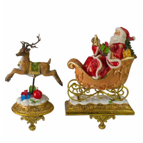 Northlight Set of 2 Gold Santa and Reindeer Glittered Christmas Stocking Holders 9.5” Perspective: front