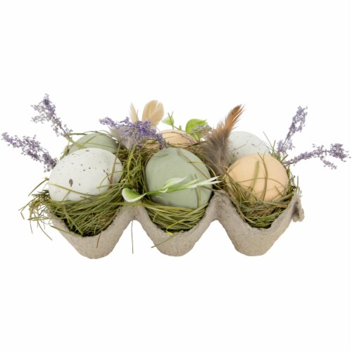 Northlight Pack of 6 Assorted Easter Eggs with Carton and Grass Decoration Perspective: front
