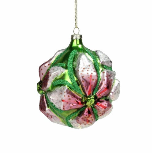 Northlight 4  Pink and Green Glittered 3D Flower Glass Christmas Ornament Perspective: front