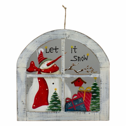 Northlight White Rustic Let It Snow Snowman Glass Window Scene Christmas Wall Decor Perspective: front