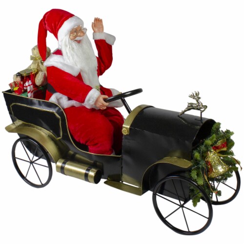 Northlight 33 Santa Delivering Presents in a Black and Gold Vintage Car Christmas Decoration Perspective: front
