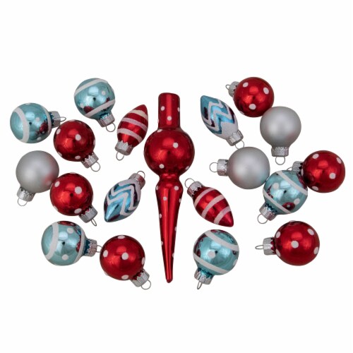 Northlight 19ct Red and Blue Frosted Glass Christmas Ornaments and Tree Topper Set 5.25 Perspective: front