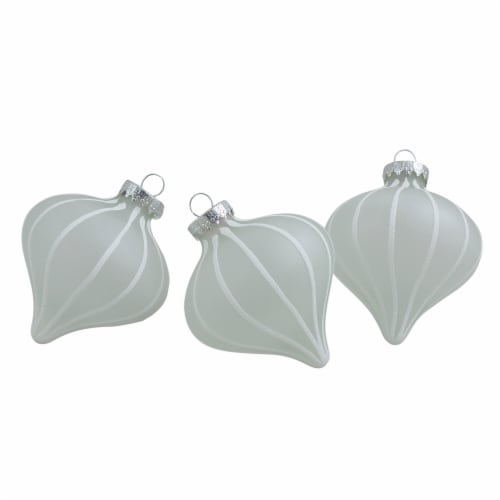 Northlight 3ct Clear and White Matte Frosted Glitter Stripes Glass Christmas Onion Drop Perspective: front