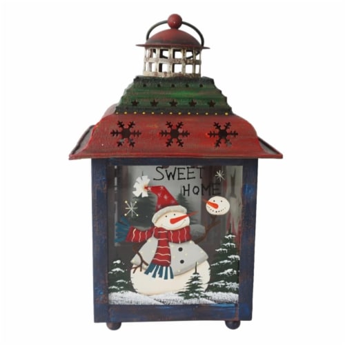 Northlight 33912035 15 in. Snowman Christmas Candle Lantern - Red, Green & Blue Perspective: front