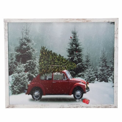 Northlight 19  White Distressed Frame Red Vintage VW Car LED Lighted Christmas Canvas Perspective: front