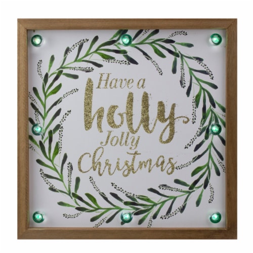 Northlight 11.75  Lighted  Holly Jolly  with a Green Wreath Wood Christmas Plaque Perspective: front