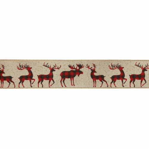 Northlight Beige and Red Plaid Buffalo with Reindeer Christmas Wired Craft Ribbon 2.5  x 16 Perspective: front