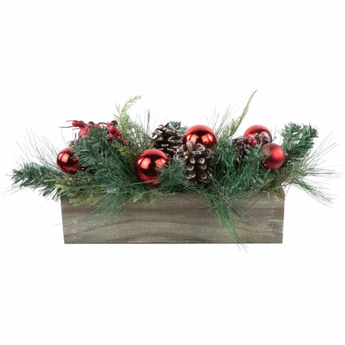 Northlight 24 Mixed Pine and Red Ornaments Artificial Christmas Arrangement in Wood Planter Perspective: front