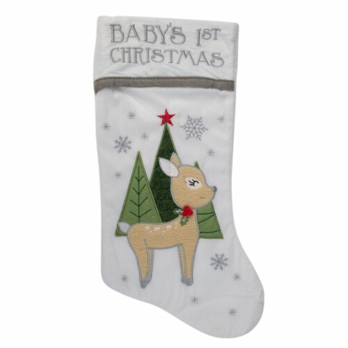 Dyno 20  White Baby's First Christmas Stocking with Baby Deer and Plush White Cuff Perspective: front