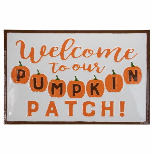 NorthLight 34316672 30 in. Welcome To Our Pumpkin Patch Autumn Metal Wall Decor, Orange & Whi Perspective: front