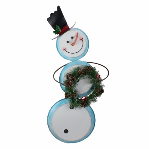 Northlight 36  White and Blue Metal Snowman with Wreath Christmas Floor Decoration Perspective: front