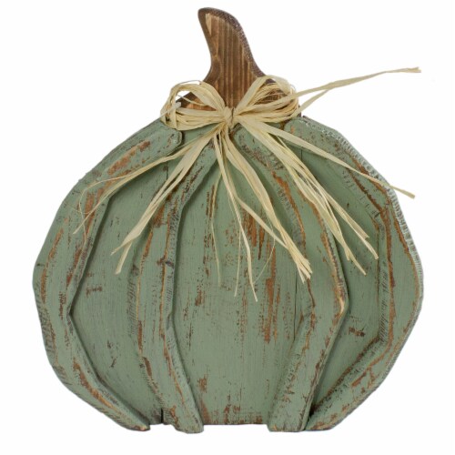 Northlight 12 Green Weathered Fall Harvest Wooden Pumpkin Table Decoration Perspective: front