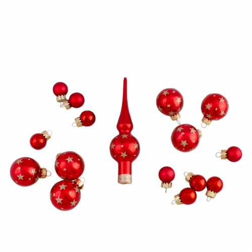 Northlight 16-Piece Set of Assorted Red Glass Christmas Ball Ornaments with Tree Topper Perspective: front