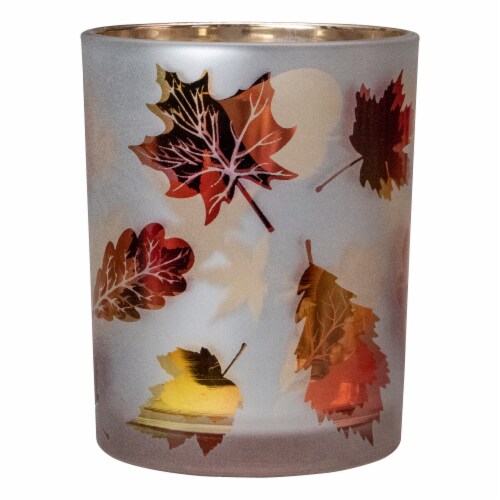 Northlight 5  Matte White and Gold Autumn Leaves Flameless Glass Candle Holder Perspective: front