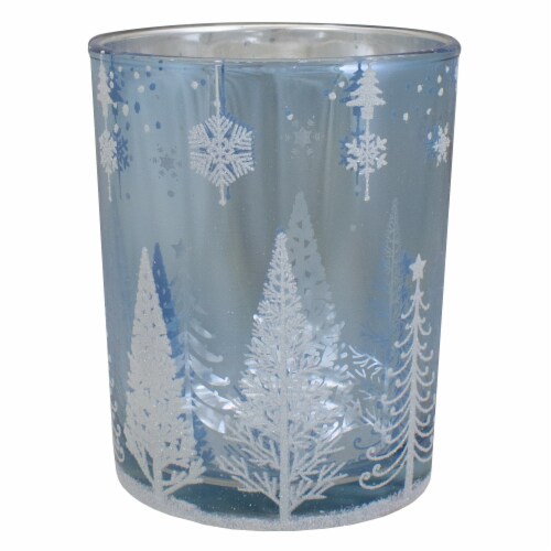 Northlight 5 Shiny Blue and Silver Winter Forest and Snowflake Flameless Candle Holder Perspective: front