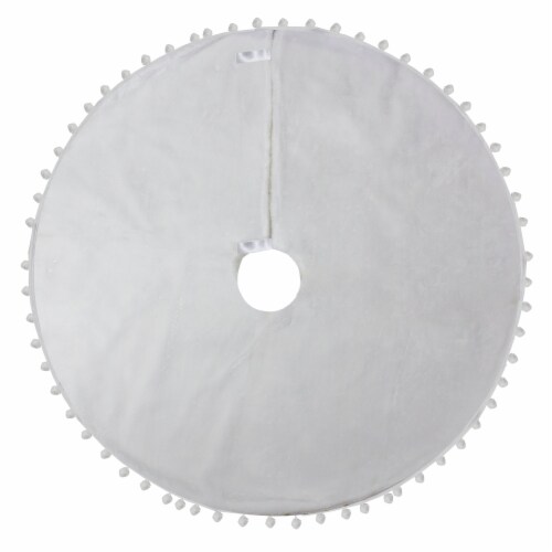 Northlight 36 White Christmas Tree Skirt With a Pom Pom Border and Tie Backs Perspective: front