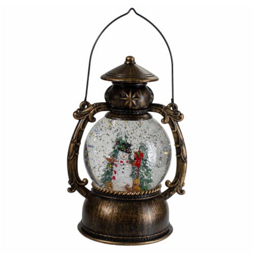 Northlight 8-Inch Black with Brushed Gold LED Snowman and Christmas Trees Snow Globe Lantern Perspective: front