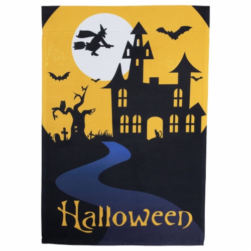 Northlight Spooky House Halloween Outdoor Garden Flag with Bats and a Witch 12.5 x 18 Perspective: front