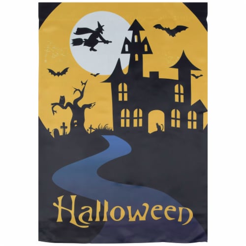 Northlight Spooky House Halloween Outdoor House Flag with Bats and Witch 28 x 40 Perspective: front