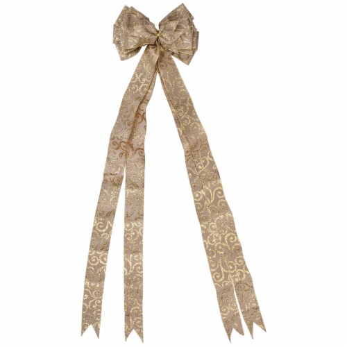 Northlight 48  x 10  Burlap and Gold Scroll 16 Loop Christmas Bow Decoration Perspective: front