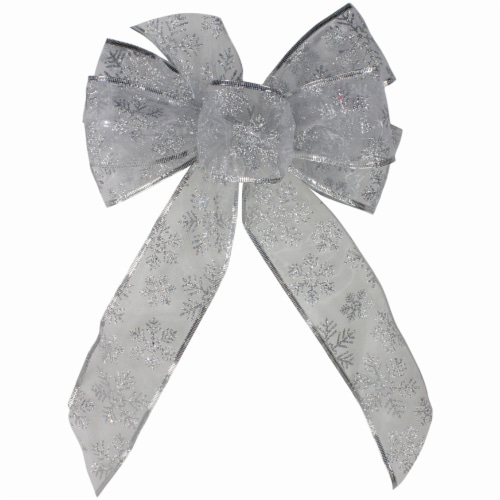 Northlight 14  x 9  Sheer Silver Snowflake 6 Loop Christmas Bow Decoration Perspective: front