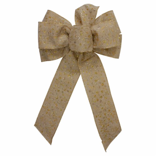 Northlight 14  x 9  Burlap and Gold Glittered Polka Dots 6 Loop Christmas Bow Decoration Perspective: front