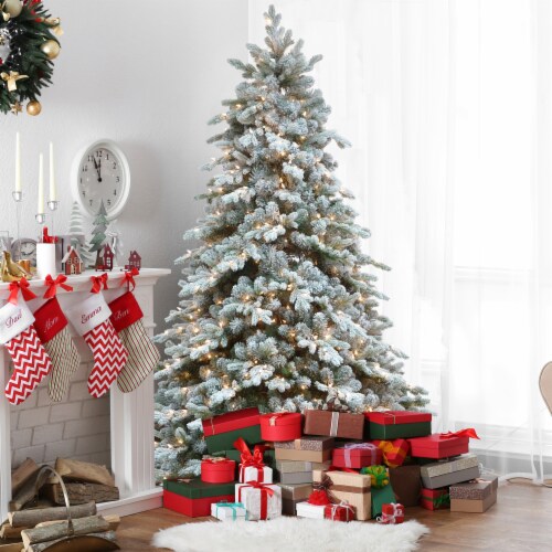 Northlight 6.5' Pre-Lit Flocked Saratoga Spruce Artificial Christmas Tree - Clear Lights Perspective: front