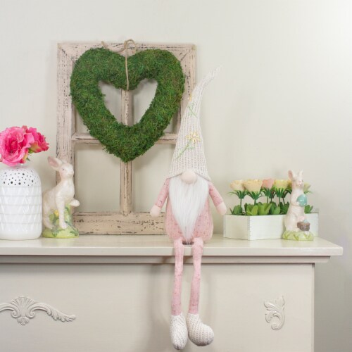 Northlight 29 Pink and Cream Sitting Spring Gnome Figure with a Knitted Hat Perspective: front