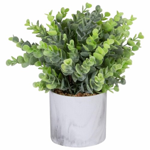 NorthLight 34738352 9 in. Artificial Eucalyptus in Marble Style White Pot, Green Perspective: front