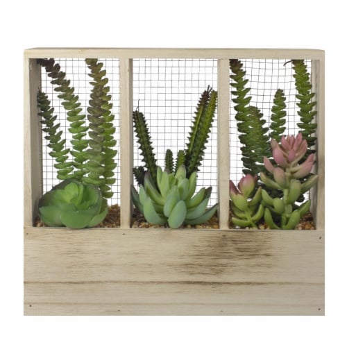 NorthLight 34738355 11 in. Artificial Mixed Succulent Arrangement in Wooden Planter Box Perspective: front
