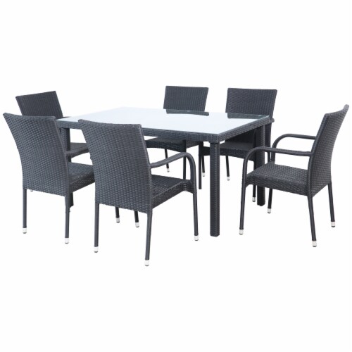 NorthLight 34738890 Nassau Woven Resin Wicker Outdoor Patio Dining Set, Black - 7 Piece Perspective: front
