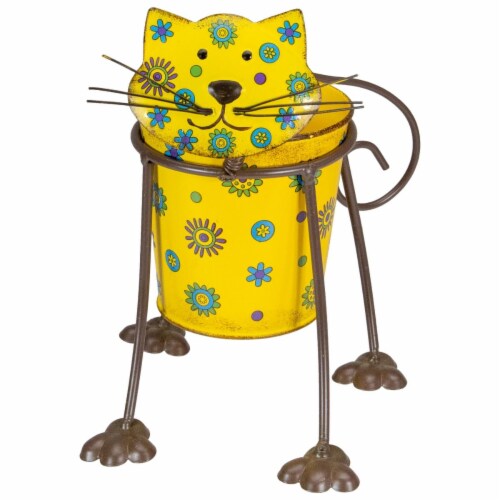 Northlight 34739276 9 in. Floral Metal Cat Garden Planter, Yellow Perspective: front