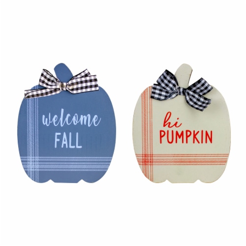 Northlight Set of 2 Blue and Beige Fall Harvest Wooden Pumpkin Welcome Plaques 8 Perspective: front