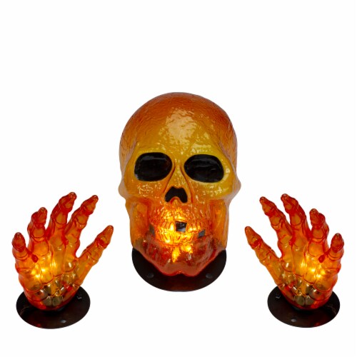 Northlight 8.5 Lighted Orange Skull and Hands Outdoor Halloween Decoration - 4ft Black Wire Perspective: front
