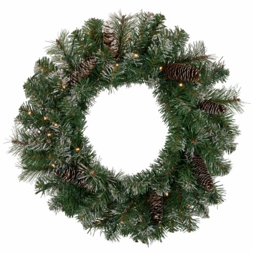 Northlight 24 Pre-Lit Artificial Frosted Pine and Pine Cone Christmas Wreath Perspective: front