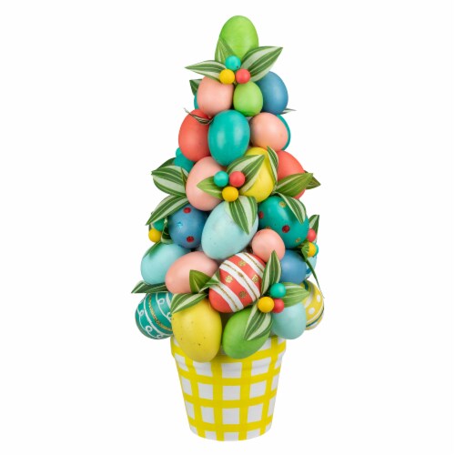 Northlight 17  Colorful Easter Egg Tree in Yellow Gingham Pot Perspective: front