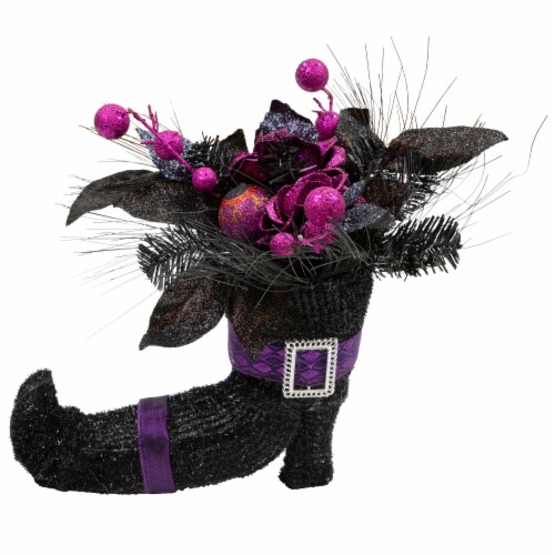 Northlight 12 Black Witch's Boot with Purple Glittered Roses Halloween Decoration Perspective: front