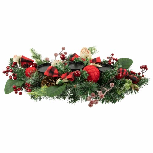 Northlight 30 Green Pine Triple Candle Holder with Bows and Plaid Christmas Ornaments Perspective: front