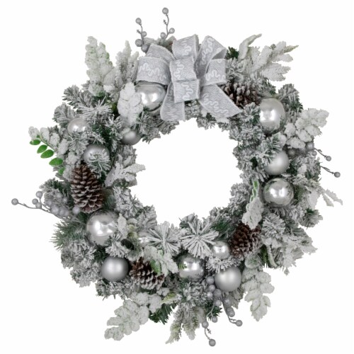 Northlight Glitter and Frosted Foliage Artificial Christmas Wreath with Bow, 30-Inch, Unlit Perspective: front