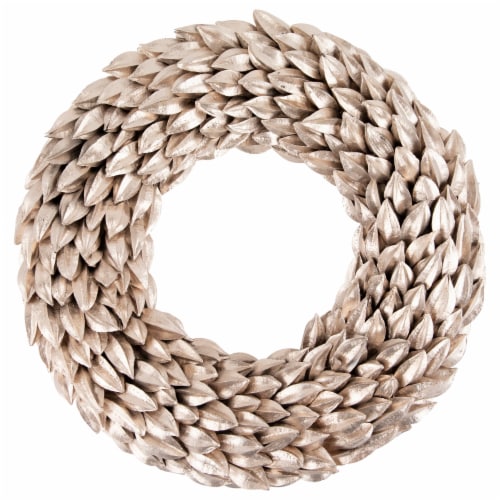 Northlight Champagne Gold Budding Leaves Glitter Christmas Wreath, 11.5-Inch, Unlit Perspective: front