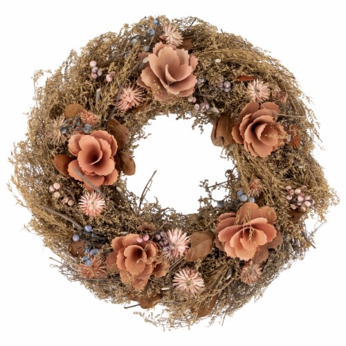 Northlight Orange and Coral Pink Twig and Floral Autumn Harvest Wreath, 13.75-Inch, Unlit Perspective: front