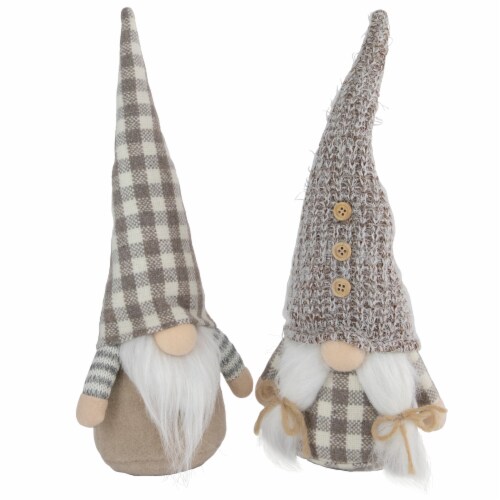 Northlight Set of 2 Beige and White Gingham Nordic Christmas Gnomes, 13 Perspective: front