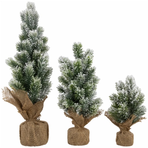 Northlight Mini Flocked Pine Artificial Christmas Trees with Burlap Base - 18 - Set of 3 Perspective: front