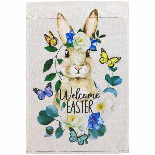 Northlight Bunny and Butterflies Welcome Easter Floral Outdoor Garden Flag 18 x 12.5 Perspective: front