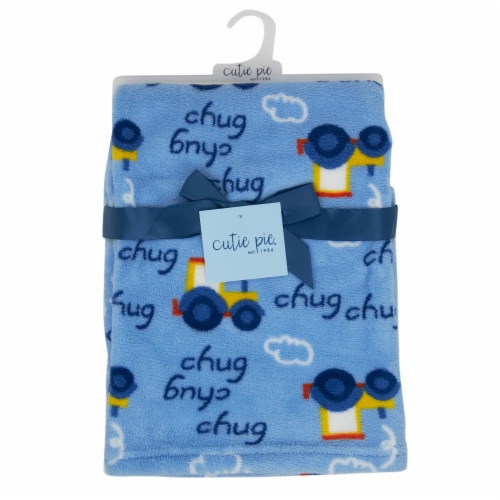 Cutie Pie Tractor Print Plush Baby Blanket - Blue Perspective: front