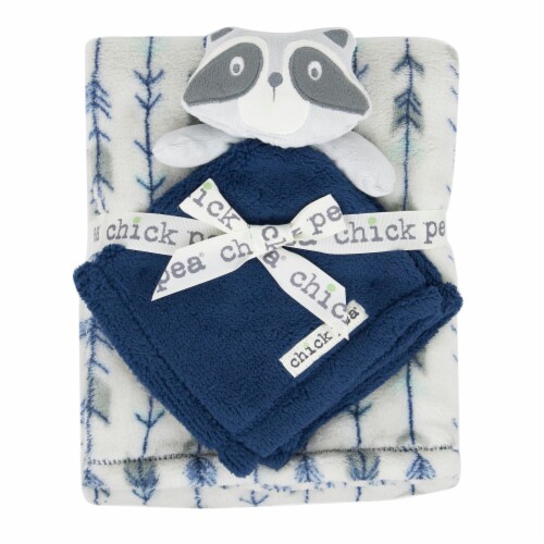 chick pea Plush Reccoon Baby Blanket & Buddy Set - Blue Perspective: front