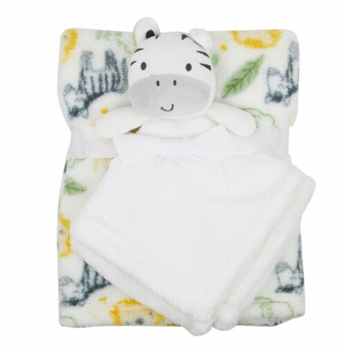 Cutie Pie Zebra Plush Baby Blanket Set - White Perspective: front