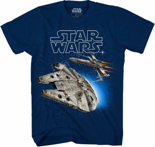 Disney Star Wars Boys' Millenium Falcon and X-Fighter T-Shirt - Navy Perspective: front